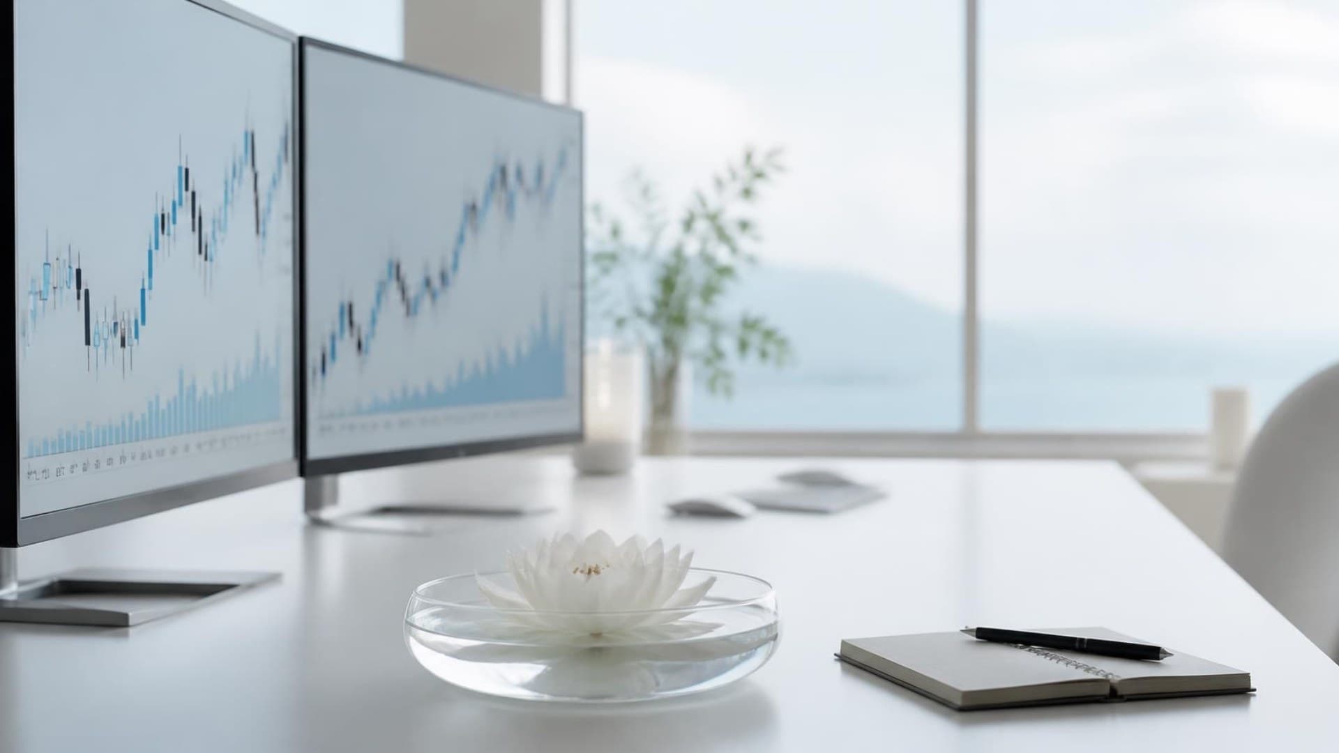 A calm trading desk with charts on two screens and a white lotus in a bowl of water